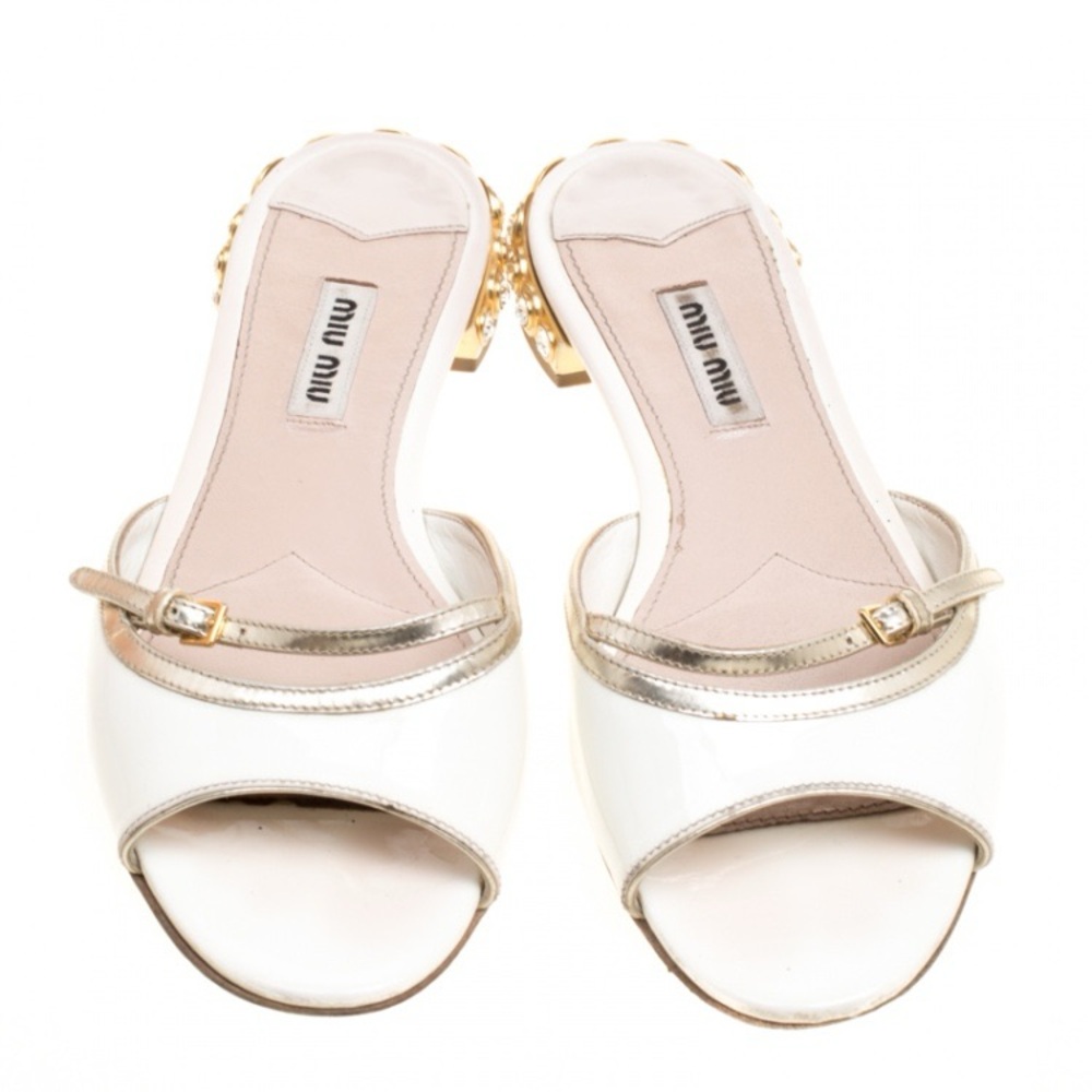 Miu Miu White Patent Leather Peep Toe Crystal Embellished Heel Flat Slides - Picture 2 of 6